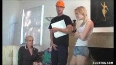 Cute Mom And Teen Jerk Off The Electricity Guy For Good Thumb